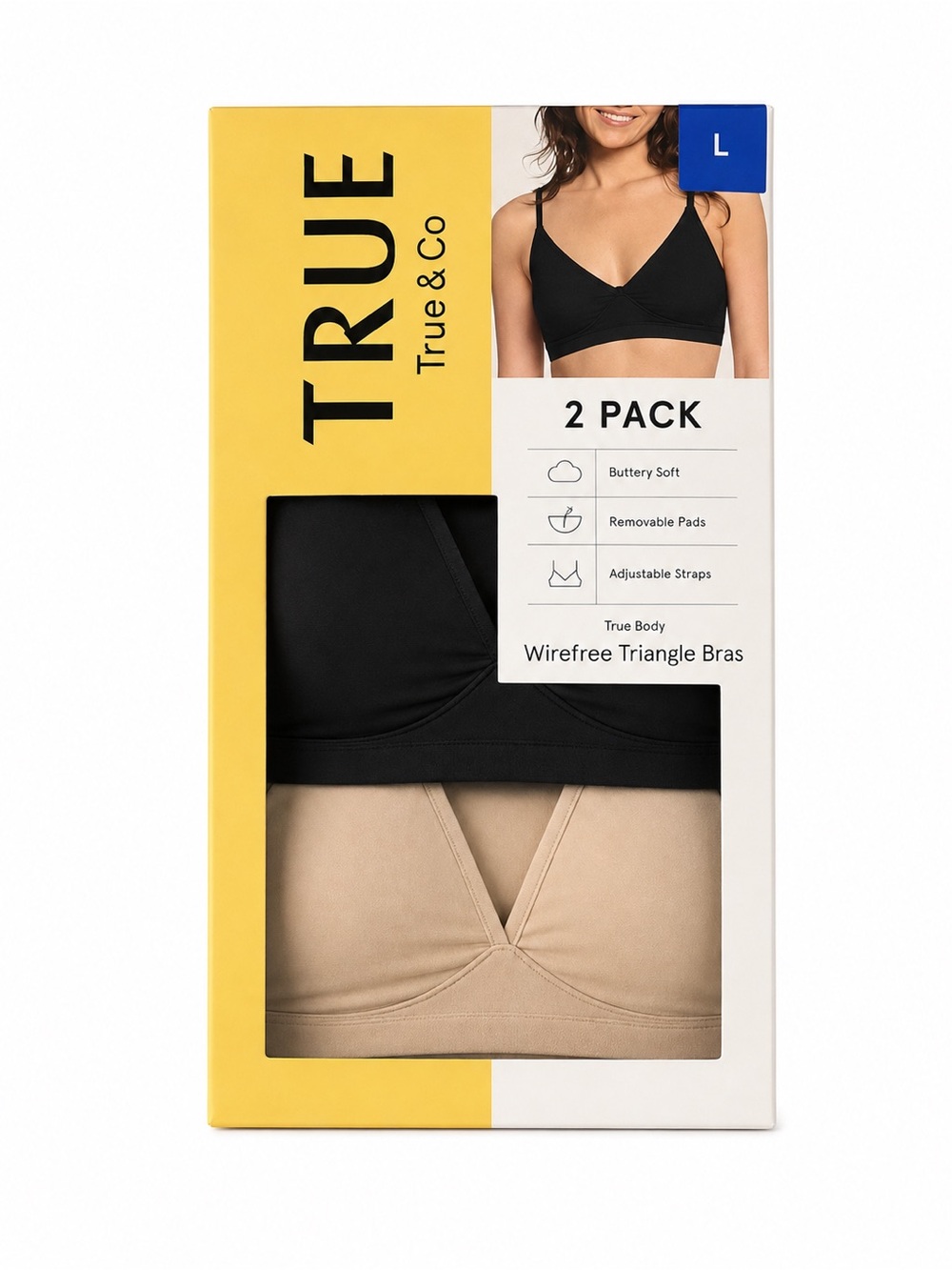 True & Co. 2-Pack Wirefree Triangle Bras - Black & Nude